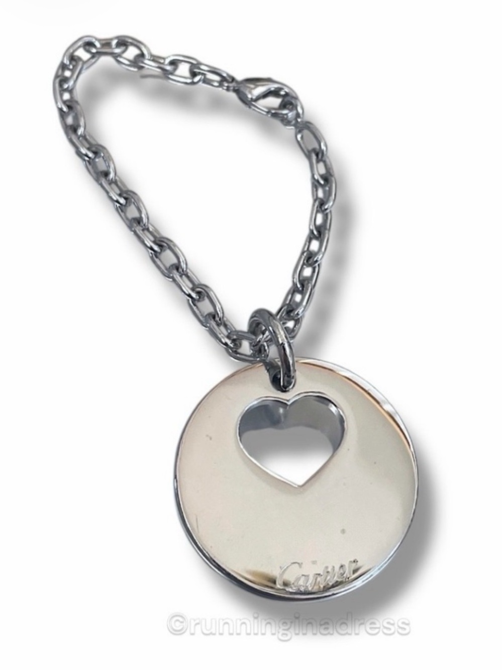 Authentic Cartier Silver Heart Round Bag Charm Keychain Pendant Necklace T122024